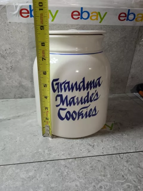 Crock Cookie Jar Clay Design Grandma Maudes Cookies Cobalt Blue Vtg