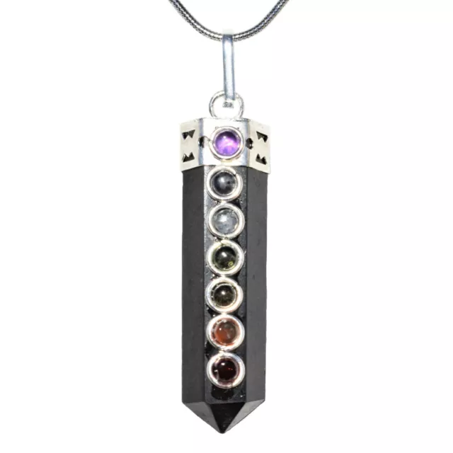 7 Chakra Himalayan Black Tourmaline Point Pendant + 20" Stainless Steel Chain