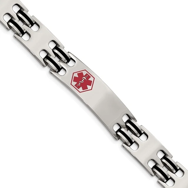 Mens 12Mm Stainless Steel Black Rubber Medical I.D. Bracelet, 8.25 In.