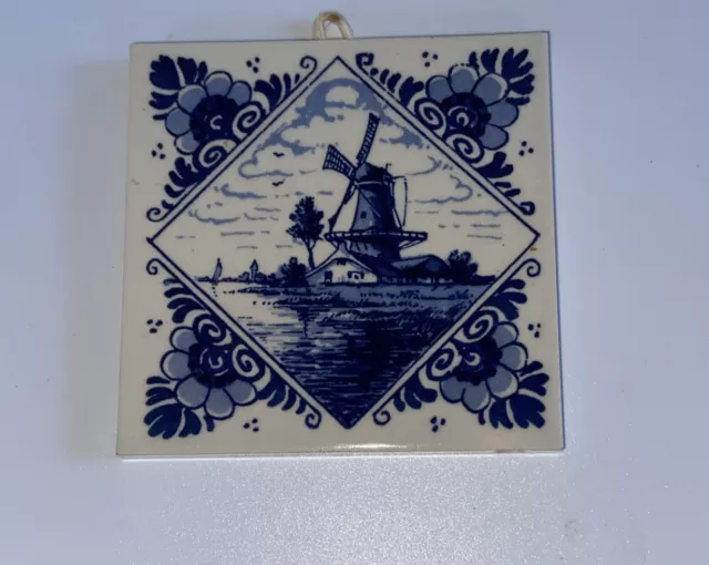 Vintage Royal Mosa Holland Windmill Scene Blue & White Ceramic Tile