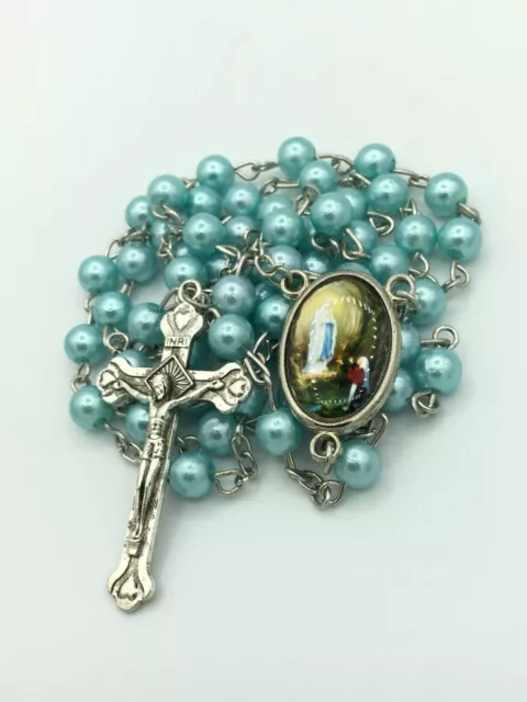 Catholic Blue Pearl Beads Rosary Necklace Our Lady of Lourdes Medal Cross Jesus