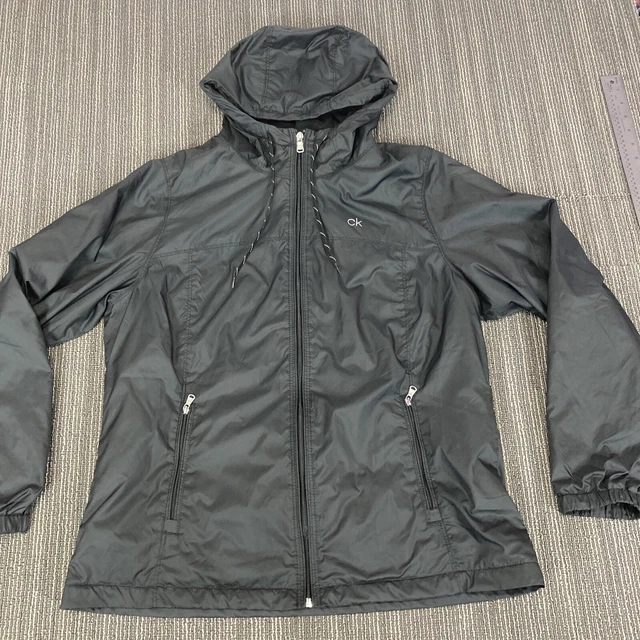 Calvin Klein Black Windbreaker Jacket Womens Medium Fleece Lined Rain Coat EUC