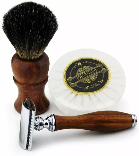 Wooden Shaving Kit Double Edge Safety Razor with Pure Black Badger Hair Brush