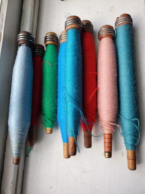 8 Vintage Antique Wooden Spools Textile Mill Thread Bobbins Spindles With Yarn!