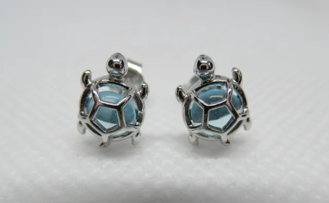 925 Sterling Silver, Blue Glass Sea Turtle Stud Earrings