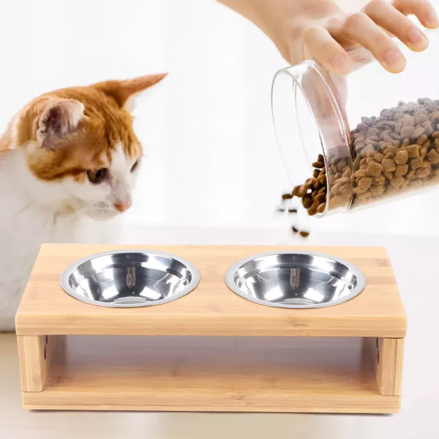 Pet Feeder Carbonized Bamboo Bowl Rack + Stainless Steel Cat Dog Bowl Non-Spill
