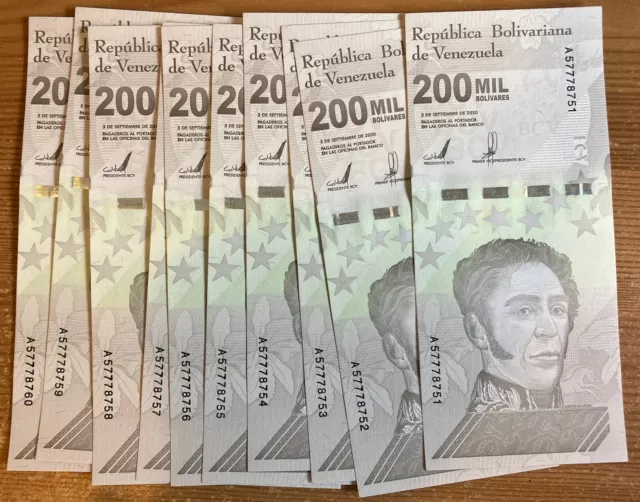 Lotto di 10 X Banconote Venezuela. 10 x 200.000 bolivares. Unc. Datato 2020.