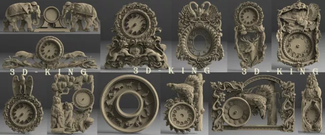 12 Pcs STL 3D Models WALL CLOCKS ANIMALS for CNC Router Aspire Carving Engraver