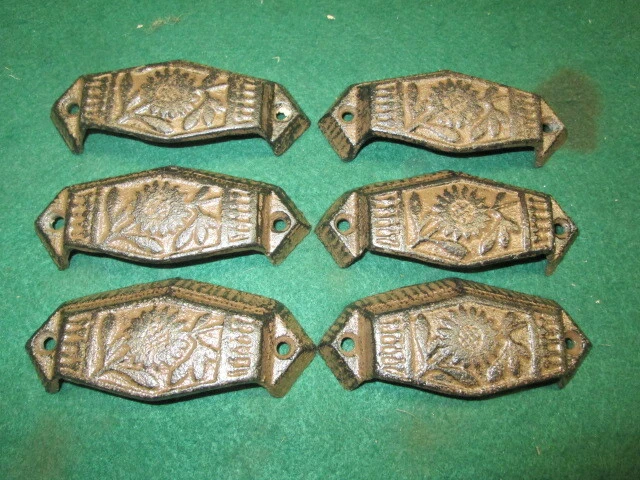 6 Cast Iron Brown Pulls Drawer Cabinet Bin Handles Rustic Barn Dresser Knobs