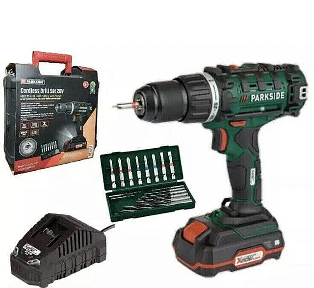 PARKSIDE 20V CORDLESS Drill Set PABS 20LiE6 Driver and Accesories £65.