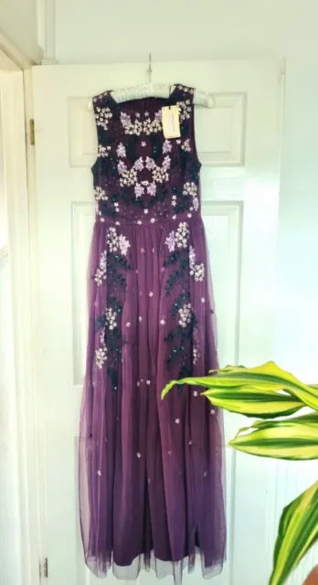 Oasis Evening Gown Auberine   Embellished Sequin Beaded Mesh Maxi Dress 10 New 3