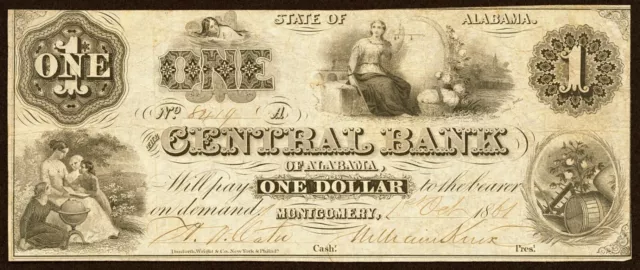 Obsolete Currency Montgomery, AL - Central Bank of Alabama $1 Oct. 1st, 1861