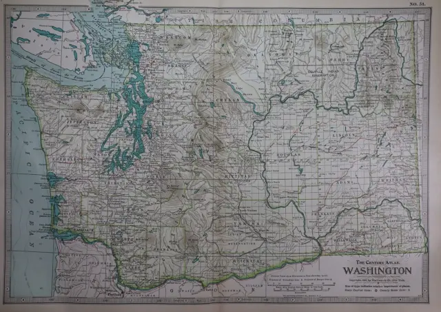 1897 Century Atlas Map ~ WASHINGTON STATE ~ (12x18) ~ Free S&H #282