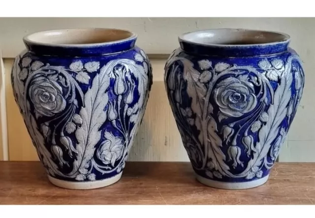 Simon Peter Gerz Salt Glazed Vase Antique Pair 1800’s Blue White Floral 14x9.5cm