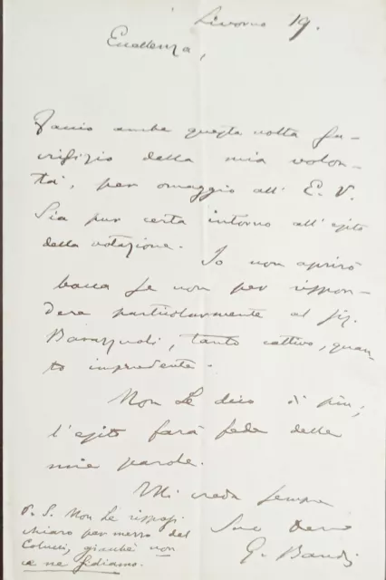 Lettera manoscritta con autografo del patriota scrittore Giuseppe Bandi 1880 ca.