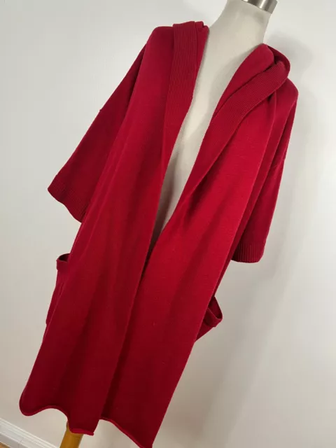 Eileen Fisher L Large Cardigan Sweater Red Merino Wool Hood Pocket Open Front C3 2