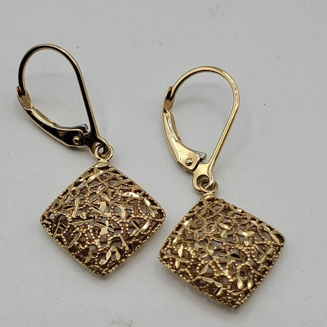 14K Yellow Gold Square Filigree Dangle/Drop Lever Back Earrings 2.0  g