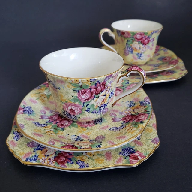 2 Royal Winton Grimwades Welbeck Tea Trios Cup Saucer & Plate Yellow Chintz 1995