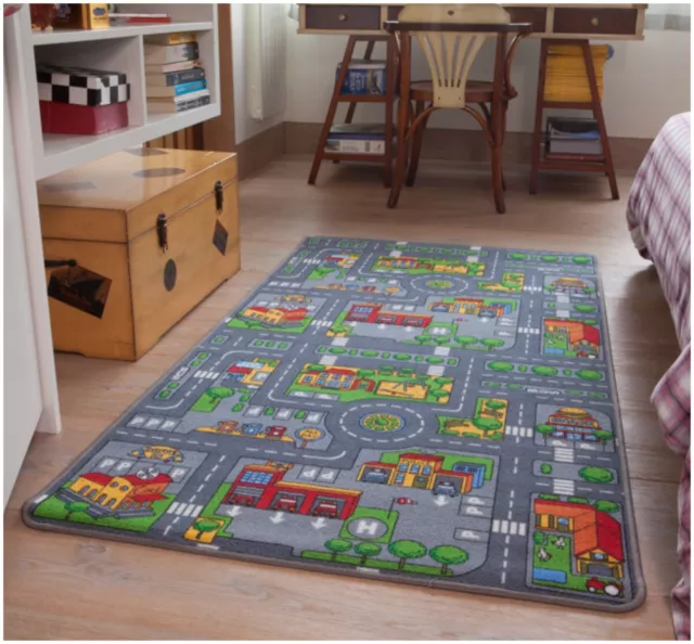 Children's Rugs Town Road Map City Rug Play Village Mat 95x133cm Fun Infant Mats