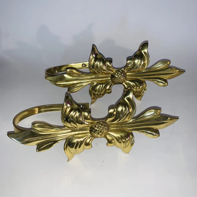 2 Vintage Large Heavy Solid Brass Drapery Curtain Hold Tie Backs Japan 10"Long