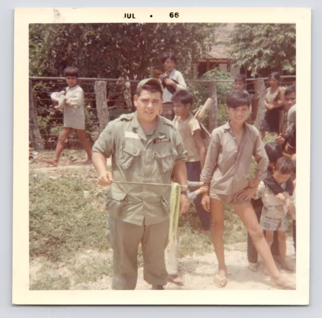 1966 Vietnam War  Army GI Holding Dead Snake with Kids in Village Vintage Photo