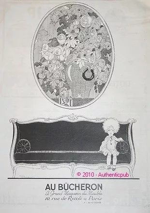 PUBLICITE AU BUCHERON fillette sofa R. VINCENT ART DECO 1924 french ad