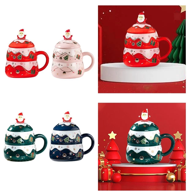 Tasse de Noël en céramique décorative avec couvercle, poignée et cuillère