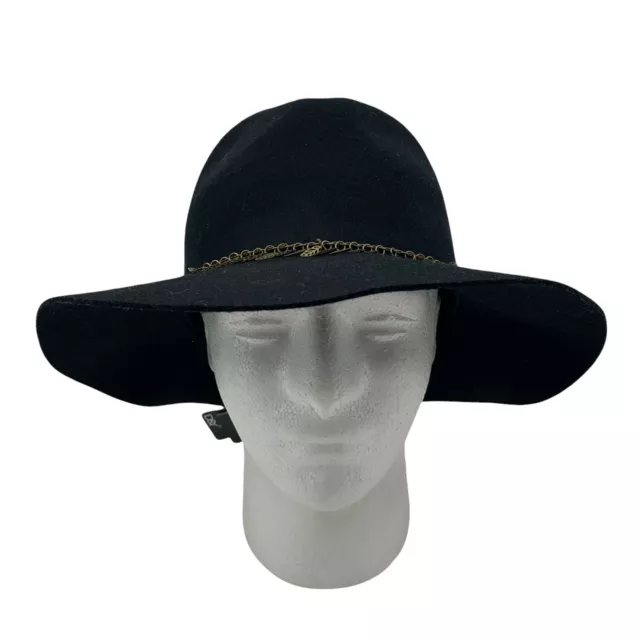 D&Y Panama 100% Wool Felt Hat Womens Size OS Black Metallic Leave Trimmed Floppy
