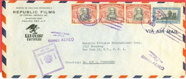 Panama ISABELLA / ISABEL 3 X 2c + used on REPUBLIC FILMS Adv cover to USA 1953