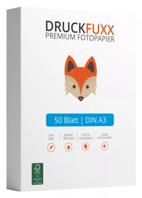 50 Blatt Fotopapier DRUCKFUXX DIN A3 250 g/m² glänzend glossy weiß Laserdrucker