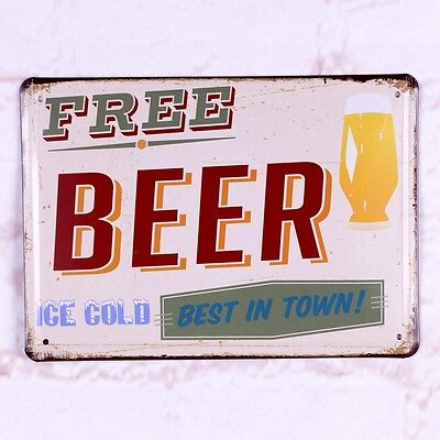 Metal Tin Sign Free Beer Ice Cold Best In Town Retro Pub Bar Wall Decor