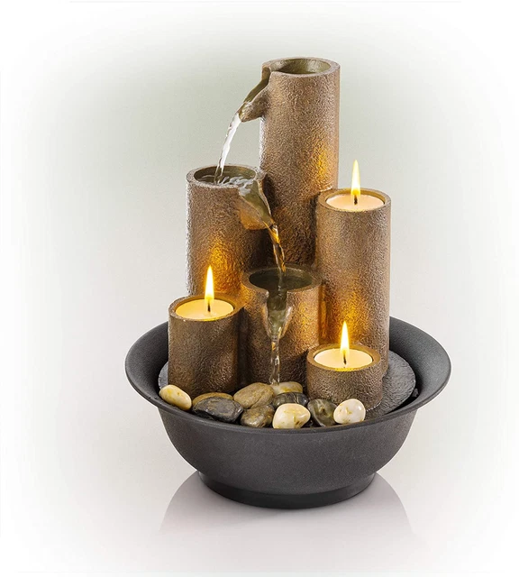 Alpine Corporation Tiered Column Tabletop Fountain with 3 Candles, Mini Waterfal