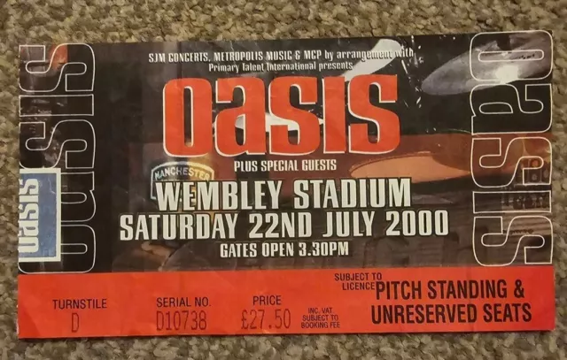 Oasis Wembley 2000 Concert Ticket