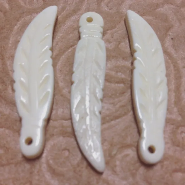 Feather Hand Carved Cream Bovine Bone Beads, 43mmX8mmX3mm  Two (2) Beads