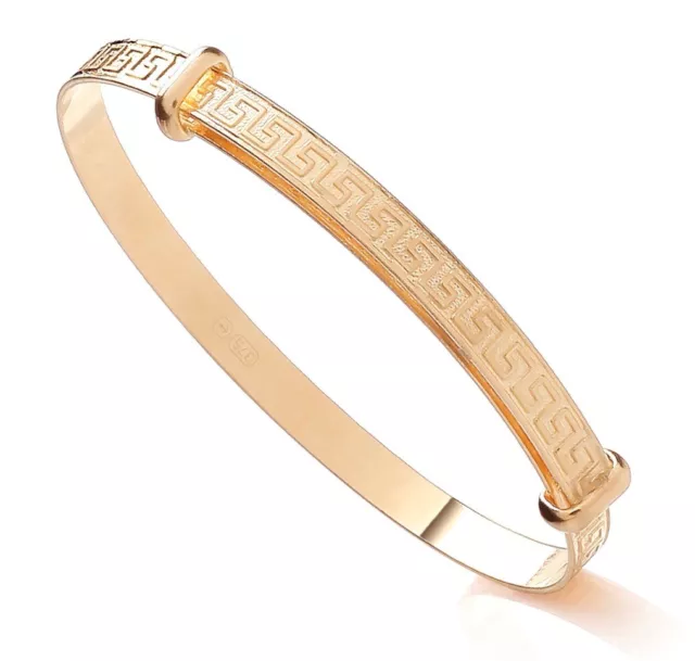 Solid 9ct Gold Greek Key Expanding Baby Bangle -  NEW - Gift Boxed