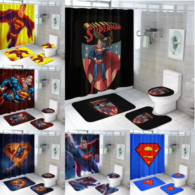 Superman 4PCS Bathroom Rug Shower Curtain Non slip Soft Contour Mat Lid Cover