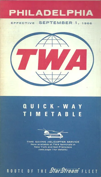 TWA Trans World Airlines Philadephia timetable 9/1/66 [1023] Buy 4+ save 50%