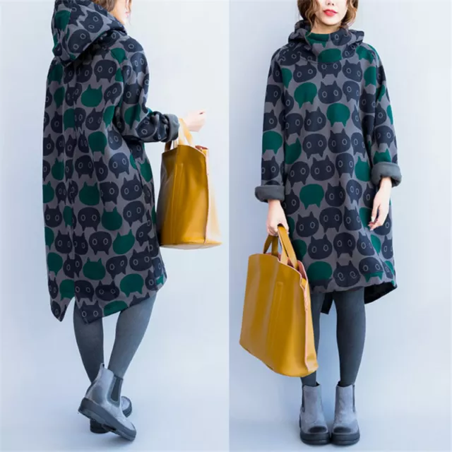 Loose Plus Size Hoodie Women Vintage Cartoon Printed Sweatshirt Dress Winter