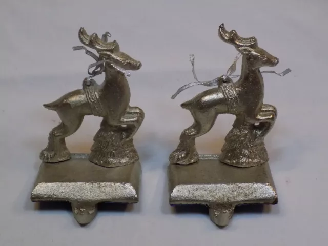 Cast Iron Silver Reindeer Tree Set 2 Lot Hook Mantel Christmas Stocking Holder