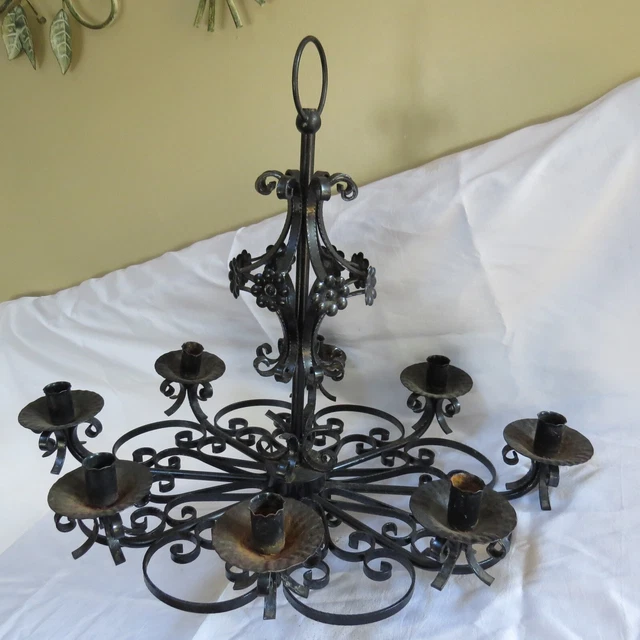 Antique Vintage Black Wrought Iron 8 Candle Candelabra Chandelier, Oval Shape wi