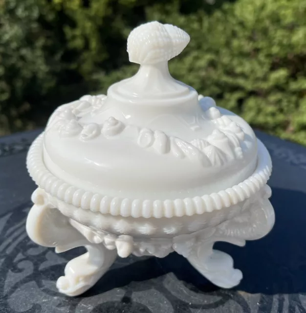 Dazzling White Milk Glass Westmoreland  Argonaut Shell Dolphin Footed Candy Dish