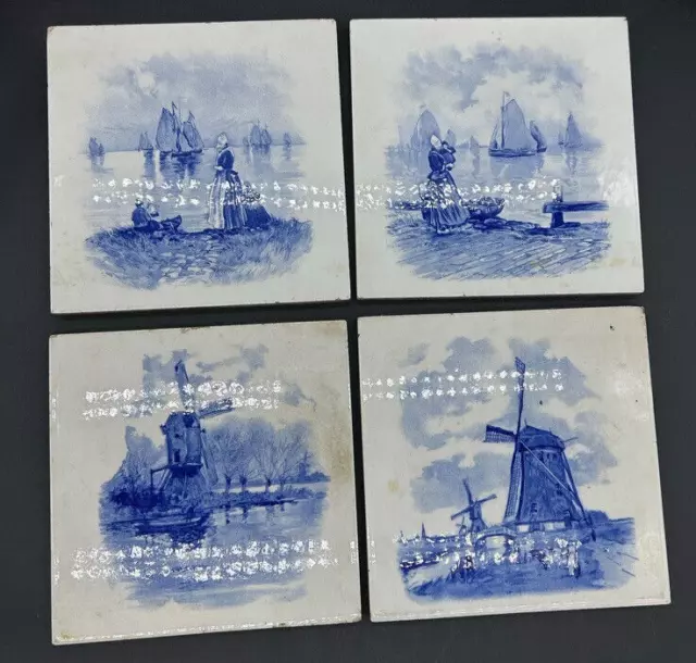4 - Vintage Dutch Delft Tiles Blue White Windmill  Sailboats  - 6”x6”