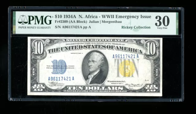 DBR 1934-A $10 North Africa Silver Fr. 2309 PMG 30 Serial A96117421A