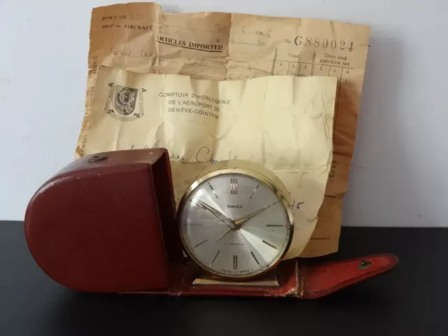 Vintage Swiza 7 Jewels Swiss Travel Alarm Clock Red Case Receipts Spares Repair