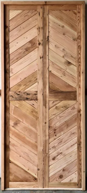 Rustic reclaimed double square door solid wood Doug Fir Chevron pattern no stain