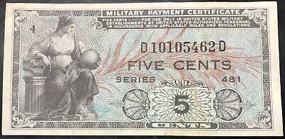 1951 Series 481 Military Payment Certificate 5c note, crisp, white AU+/Unc