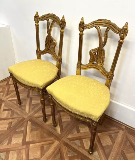 Pair of French Louis XVI Style Gold Gilt  Antique Chairs With Musical Detail 3