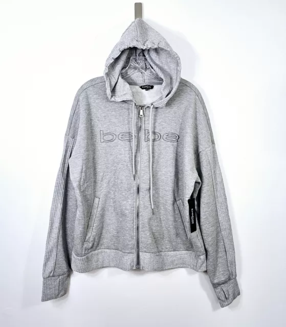 Bebe Sport Size 2X Womens Heaters Gray Logo Jacket Full Zip Up Hoodie NWT $104