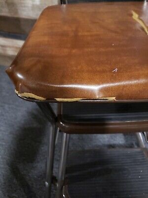 Vintage Cosco Pull Out Step Stool Chair Chrome Original Brown **Tears in Seat Fa 3