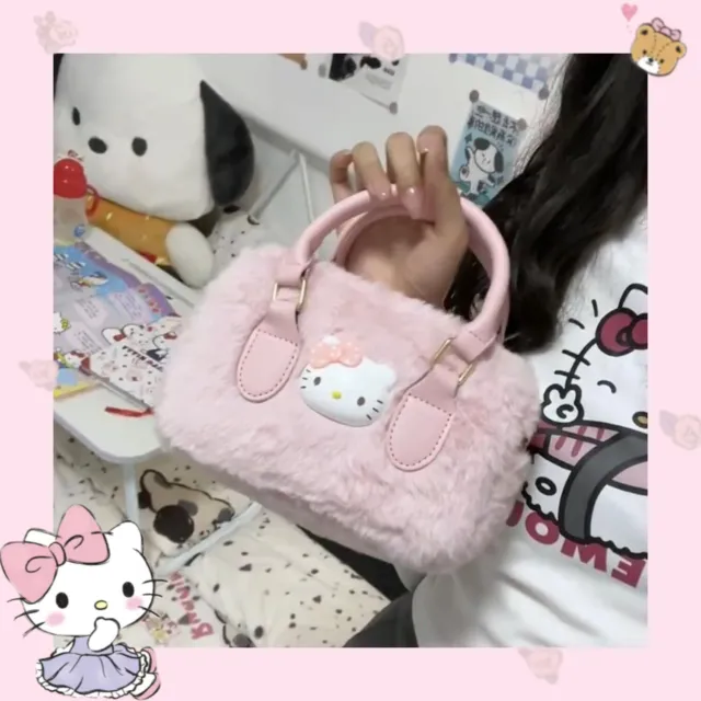 Cute Hello Kitty furry Handbag Women Cosplay Pink Kitty Cat Shoulder Bag Plush